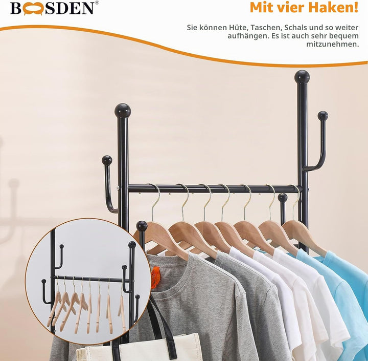BOOSDEN Kleiderständer mit einem Querträger und Rollen, Metall-Kleiderständer, Mobile Kleiderstange