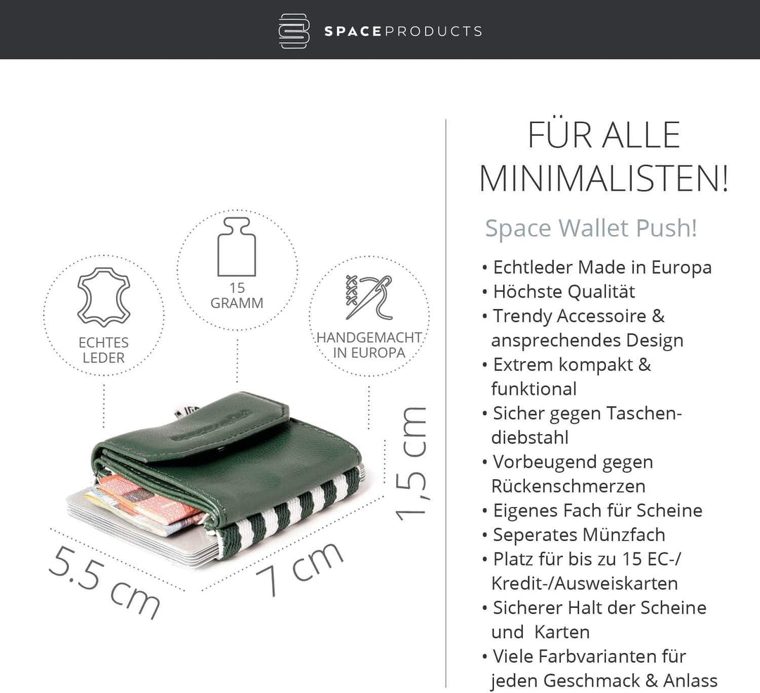 Space Products ® Mini Geldbörse grün-gestreift I Sehr kleines Echtleder Wallet/Portemonnaie mit Münz