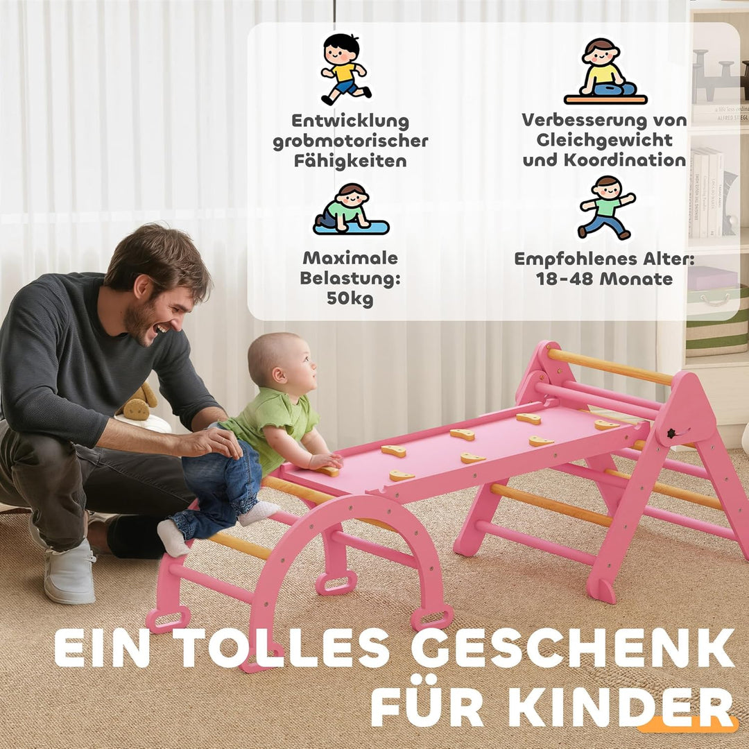 AIYAPLAY 7-in-1 Montessori Klettergerüst Indoor, faltbar Holz Kletterdreieck mit Rutsche, Bogen, Ind