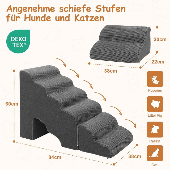 Hundetreppe 60cm Hoch für Bett, 6 Stufen Hunderampe für Boxspringbett, rutschfeste Haustiertreppe/Ra