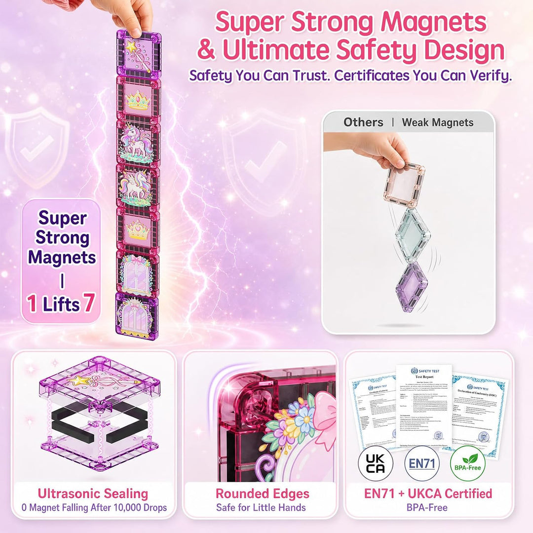 Magnetische Bausteine Reisespielzeug für Mädchen: 42pcs Prinzessin & Einhorn Tiles in Tragbarer Meta