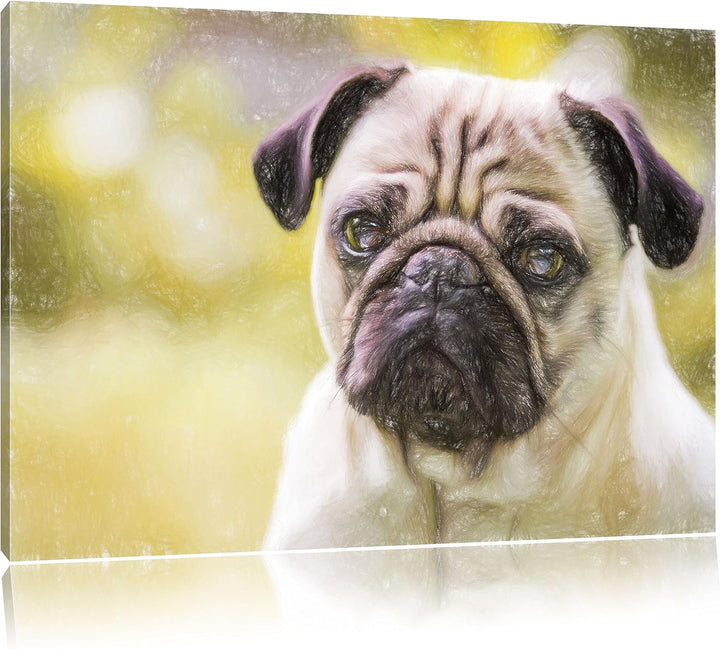 Pixxprint Mopsporträt Kunst Buntstift Effekt / 100x70cm Leinwandbild bespannt auf Holzrahmen/Wandbil