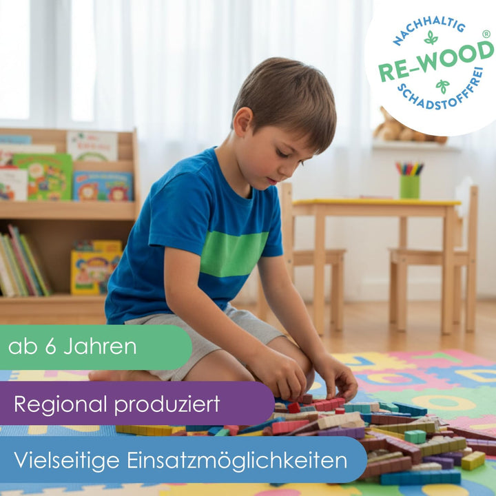 WISSNER® RE-Wood Rechenstäbe – 100 Stück in 10 Montessori-Farben, nachhaltige Cuisenaire-Stäbe aus H