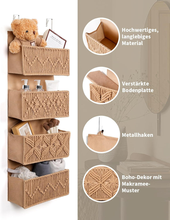 ANTIS'S HOME Handgewebter Hängeorganizer mit 4 Taschen – Boho Hängeregal für Türen, Faltbare, platzs