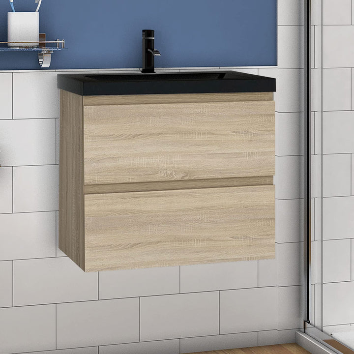 Aica Sanitär Waschtisch mit Unterschrank 60 cm Badmöbel Set mit Waschbecken Schwarz Gäste WC Eiche M