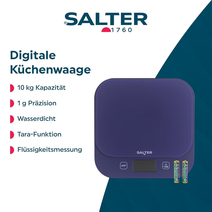 Salter British Bakes Digitale Küchenwaage – Hohe Kapazität von 10 kg, misst Flüssigkeiten, wasserdic