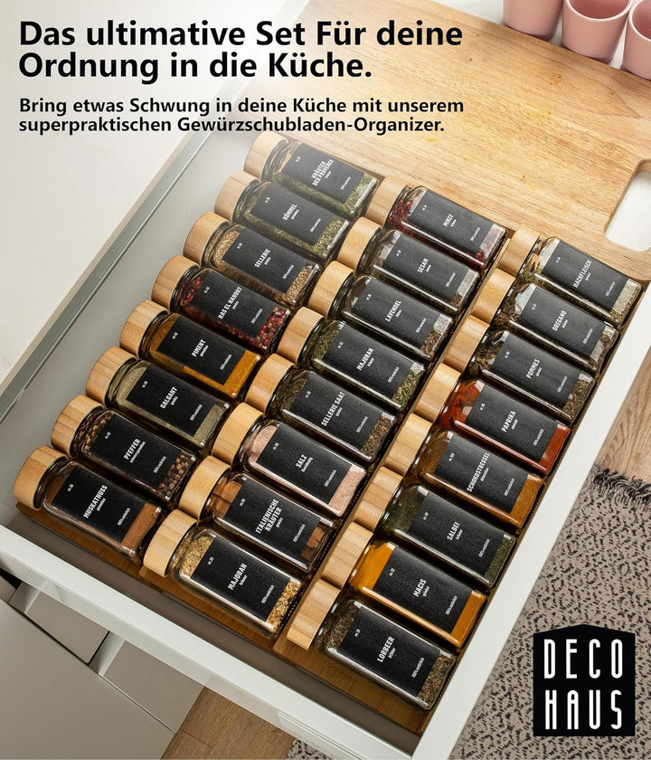 Deco haus® Gewürzregal Schublade [MIT 24 GEWÜRZGLÄSER & ETIKETTEN] - Gewürz Organizer Schublade - Ge