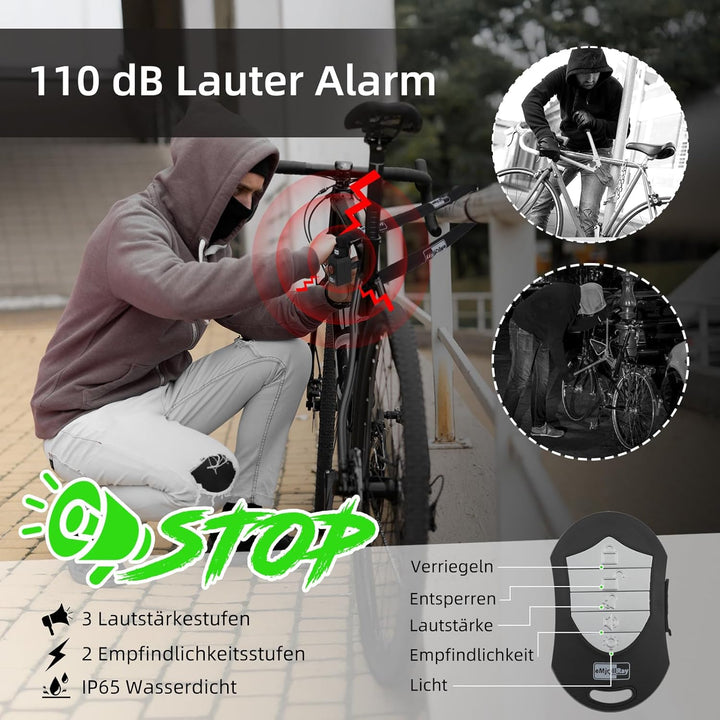 Fahrradschloss mit Alarm 120cm 110dB Fahrrad Alarmanlage Schloss für E Scooter Ebike Motorrad Fahrra