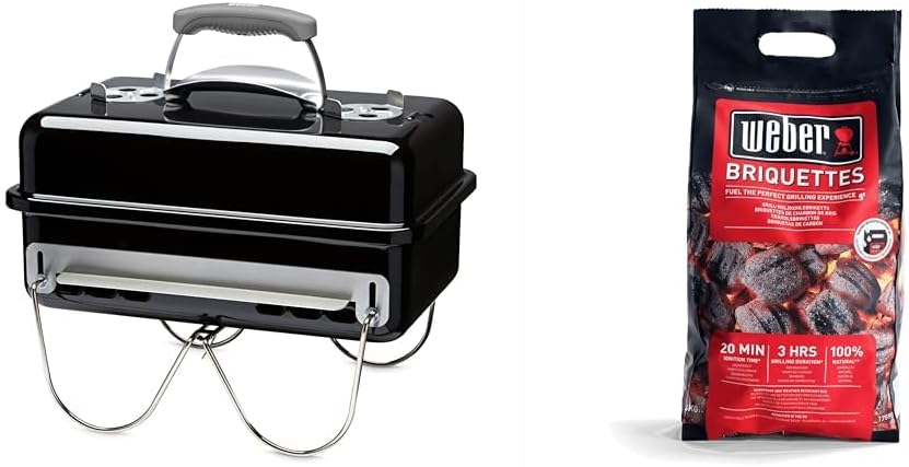 Weber Go-Anywhere Holzkohlegrill, portabel, Schwarz (1131004), 27x31x43 cm & 17590 Briketts, Schwarz
