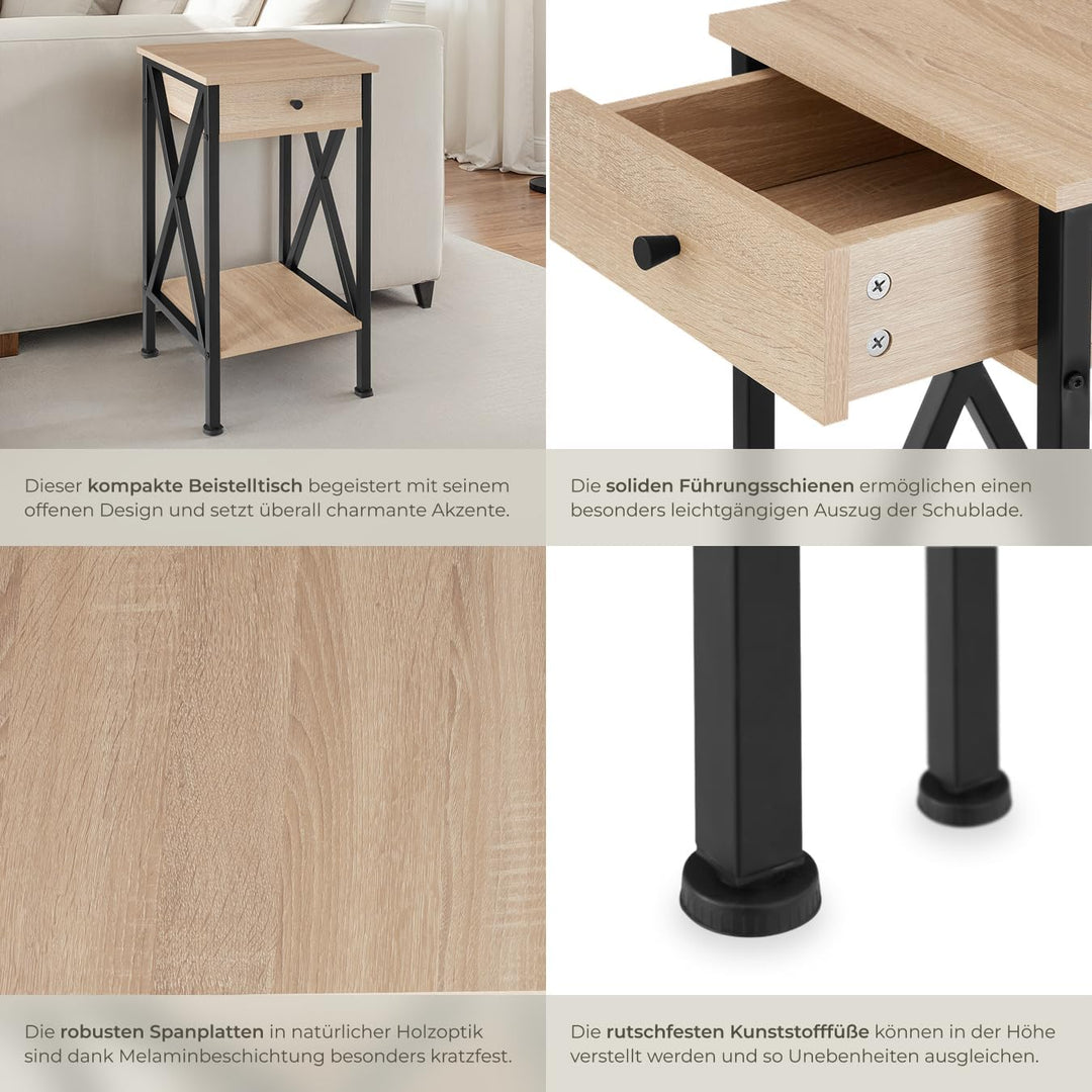 tectake® Industrial Möbel, Beistelltisch mit Schublade, Couchtisch mit Ablageflächen, Nachttisch sch