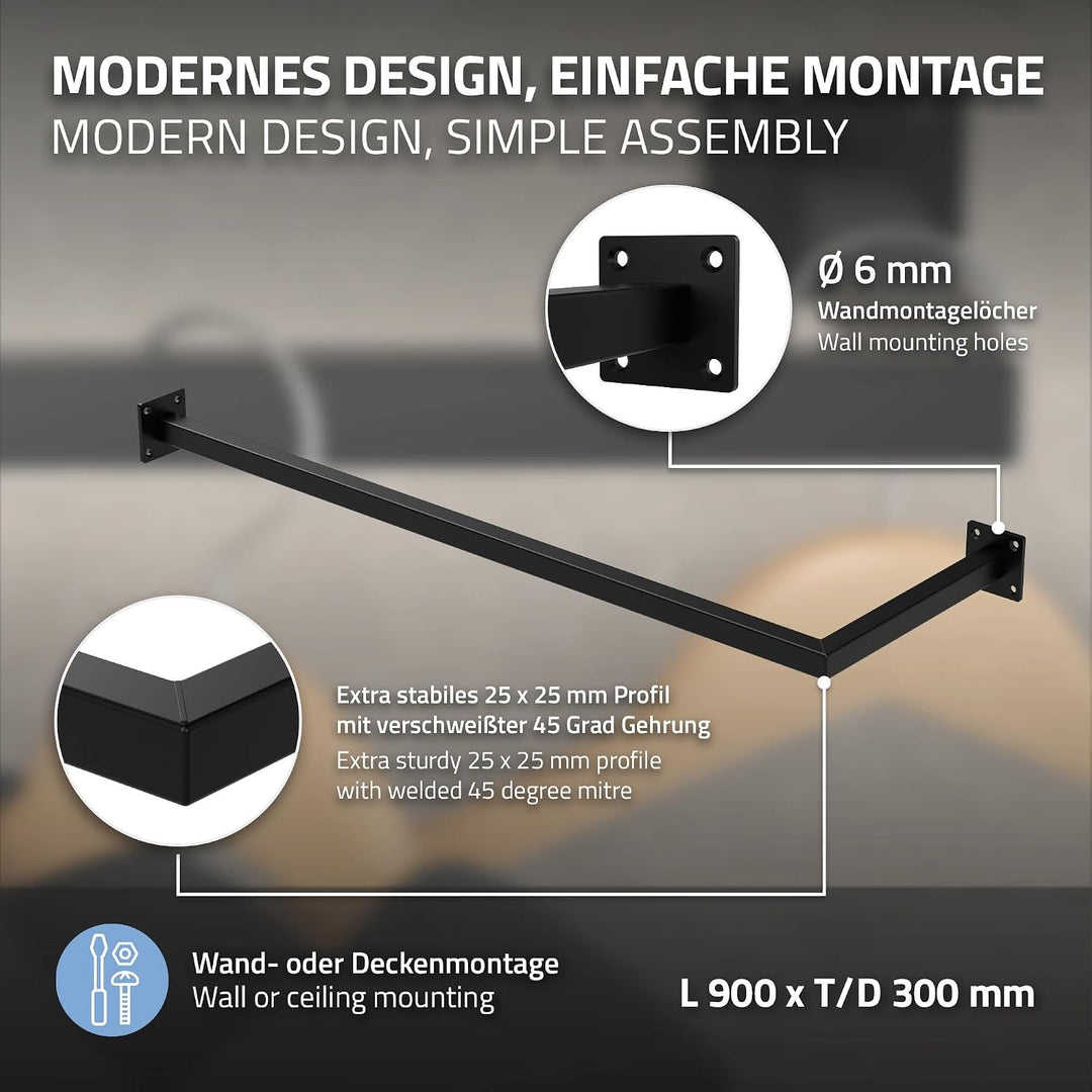 ML-Design Kleiderstange Übereck für die Wand, T30cm x B90cm, Schwarz, aus Stahl, rostfrei, Garderobe