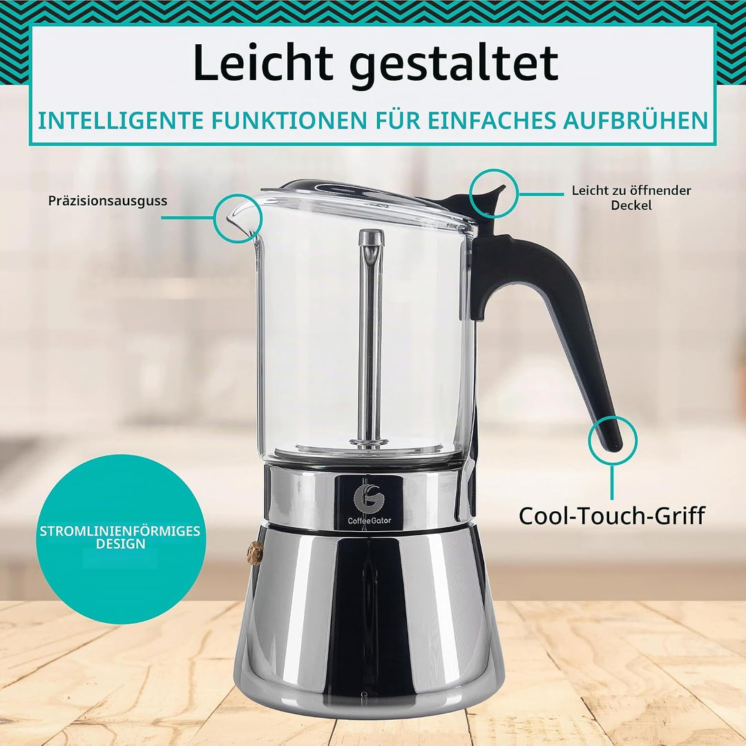 Coffee Gator Espressokocher Herdplatte 4 Tassen - 200 ML Edelstahl Moka-Kanne für Kräftigen Kaffee N