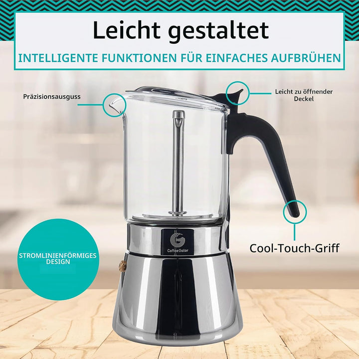 Coffee Gator Espressokocher Herdplatte 4 Tassen - 200 ML Edelstahl Moka-Kanne für Kräftigen Kaffee N