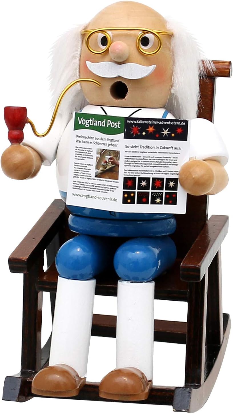 Dekohelden24 Holz Räucherfigur/Räuchermann Opa im Schaukelstuhl, L/B/H: 9,5 x 11 x 15 cm, inkl. 1 Pa