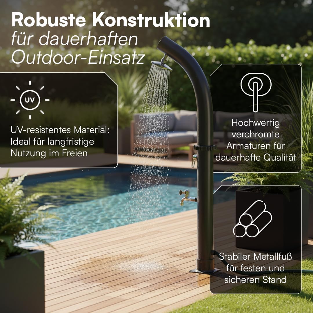 STEELSØN Selara Solardusche 40 L ohne Bodenplatte – Gartendusche bis 60° C – Pooldusche gebogen Camp