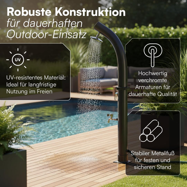 STEELSØN Selara Solardusche 40 L ohne Bodenplatte – Gartendusche bis 60° C – Pooldusche gebogen Camp