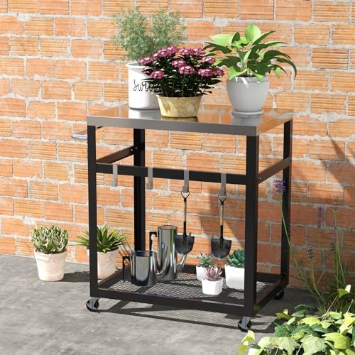 Generisch Grilltisch Outdoor, Grillwagen mit 2 Ablagen & 4 Rädern & Griff & 4 Haken, Pizzatisch Beis