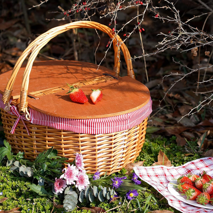 Picknickkorb aus Weidengeflecht Mit Einlage, Holz Geteilter Deckel, Vintage-Stil Weidenkorb Mit Falt