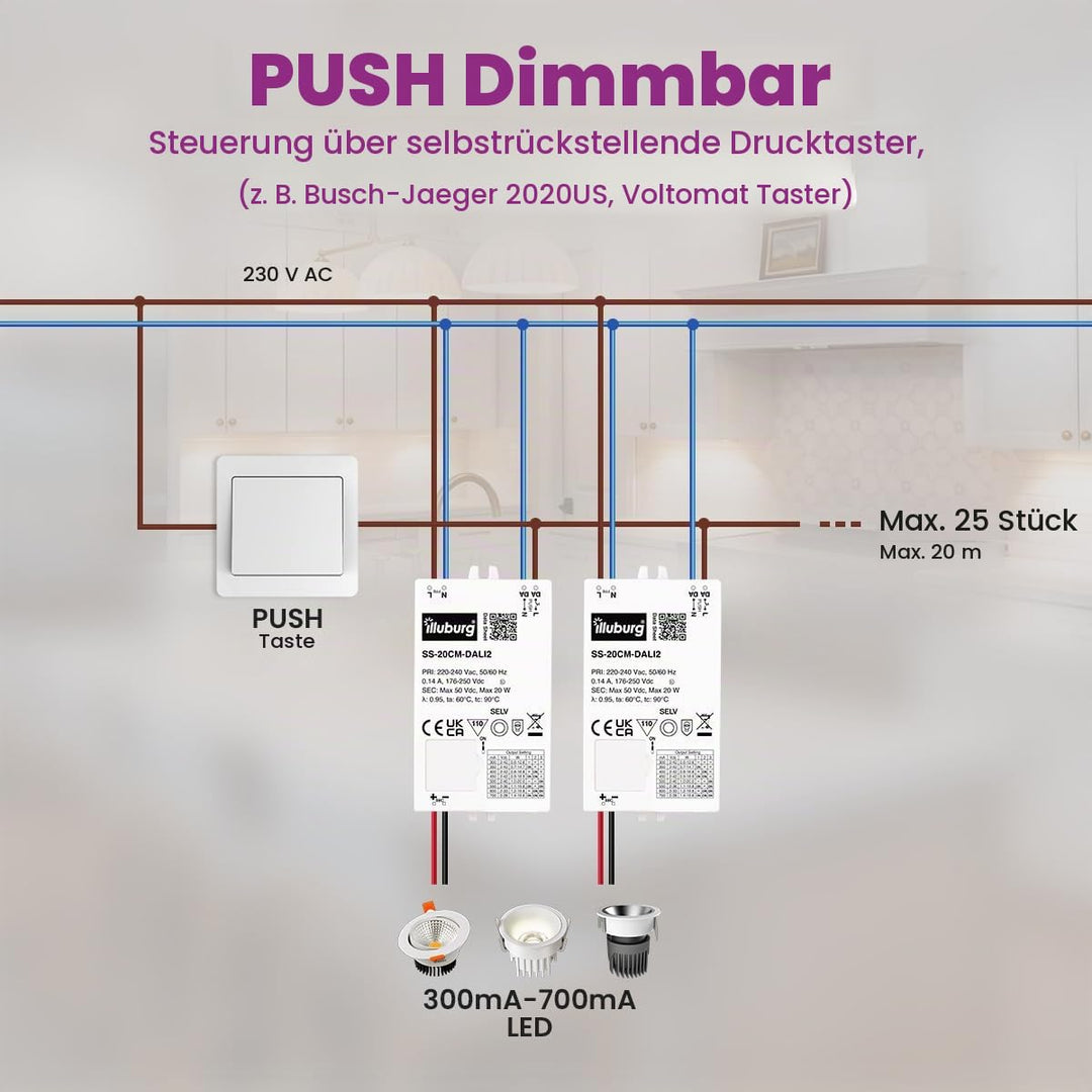 LED Trafo Dimmbar Dali Push 300mA - 700mA Ausgang Einstellbar 20W Flickerfree LED Netzteil Treiber D