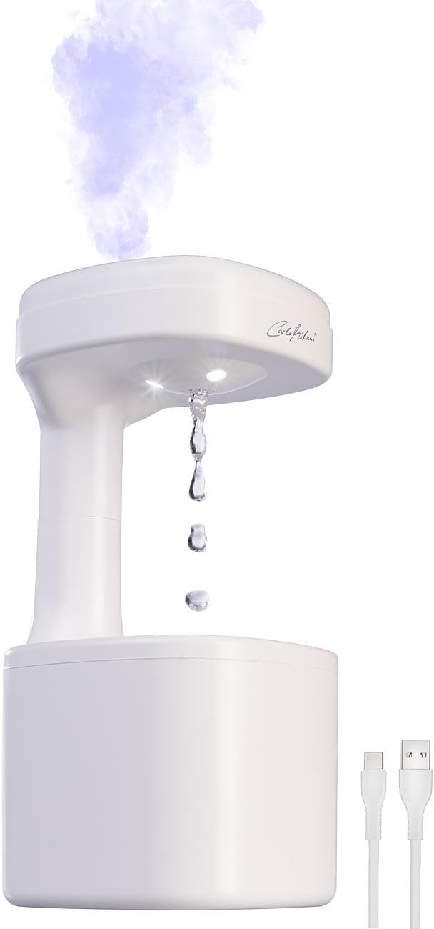 Carlo Milano Zimmerbrunnen: Antigravity-LED-Luftbefeuchter, USB-C, 500 ml Wassertank (Wassertropfen-
