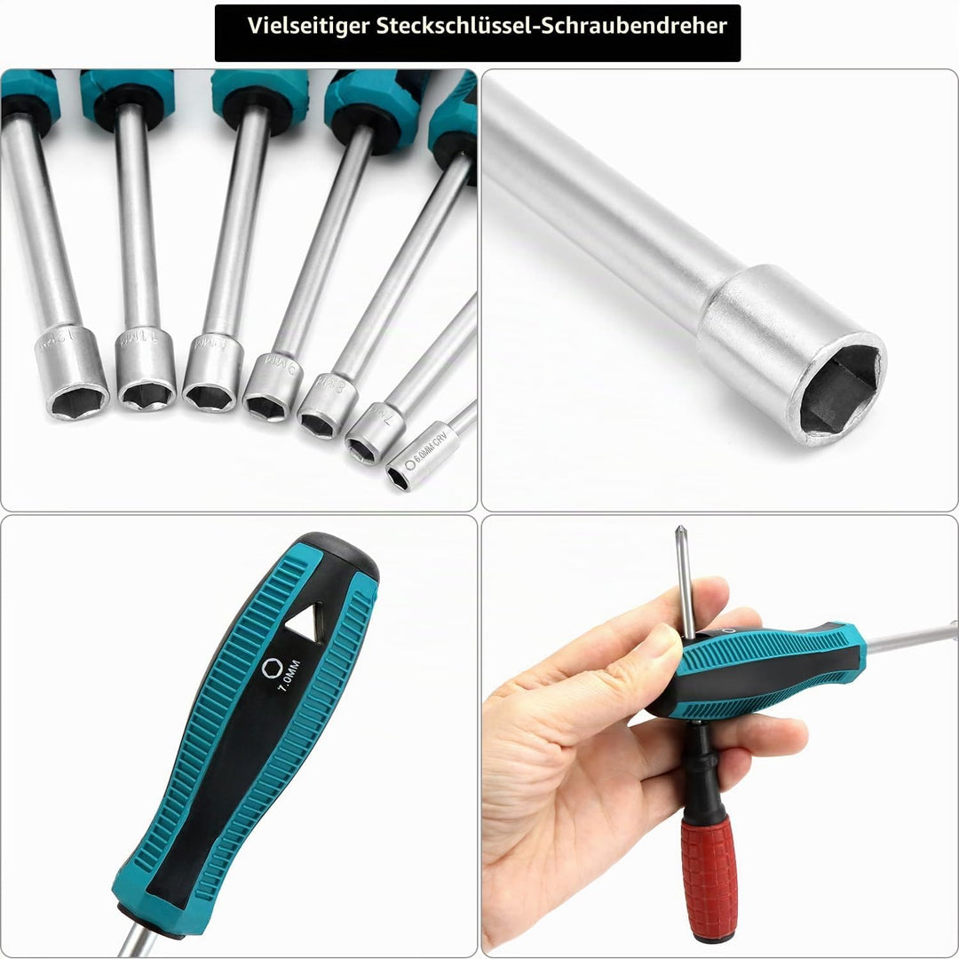 QWORK® 7 Stück Steckschlüssel Schraubendreher, 6-12mm Innensechskantschlüssel, für Aussensechskantsc