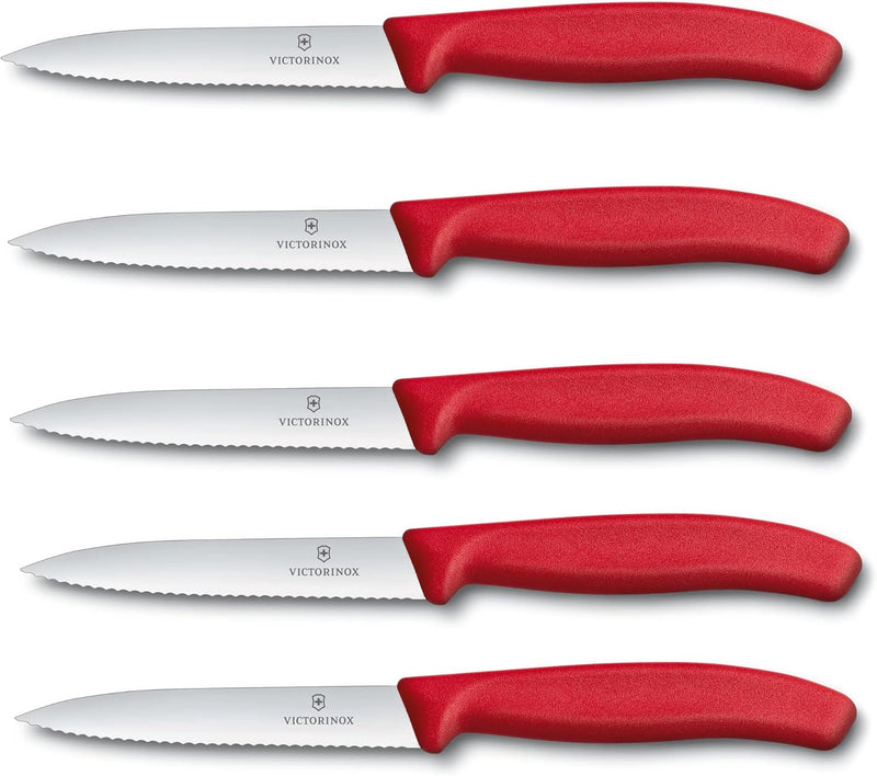 Victorinox 5-tlg Gemüsemesser Set Swiss Classic Rot – 10 cm mit Wellenschliff – Tomatenmesser 5er Se