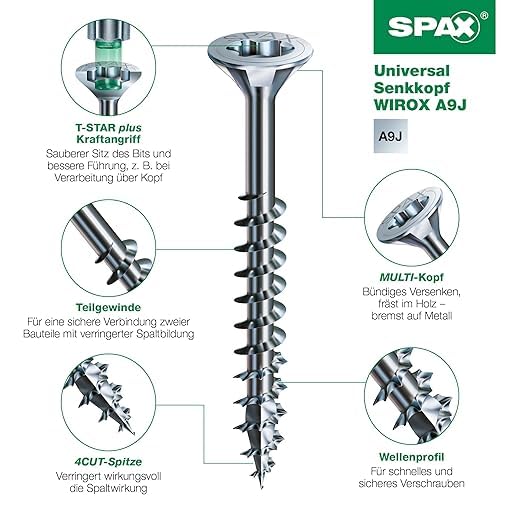 SPAX Universalschraube, 5 x 80 mm, 180 Stück, Teilgewinde, Senkkopf, T-STAR plus T20, 4CUT, WIROX A9
