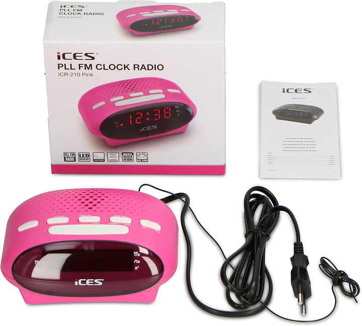 Ices ICR-210 Pink - FM Uhrenradio - Radiowecker mit 2 Weckzeiten - PLL FM - Schlummerfunktion - Slee