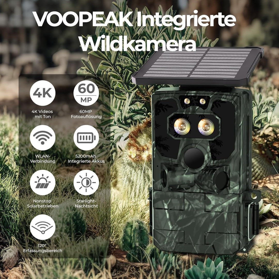 VOOPEAK Duales Objektiv Solar Wildkamera WLAN 4K 60MP, Sternenlicht Nachtsicht Wildkamera mit Handyü
