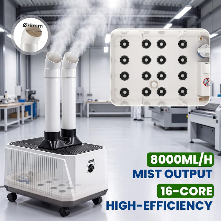 Mxmoonant Industrieller Luftbefeuchter 8000ML/H 3 Nebelstufen 16 Nebelkerne | Doppelnebelausgänge, S