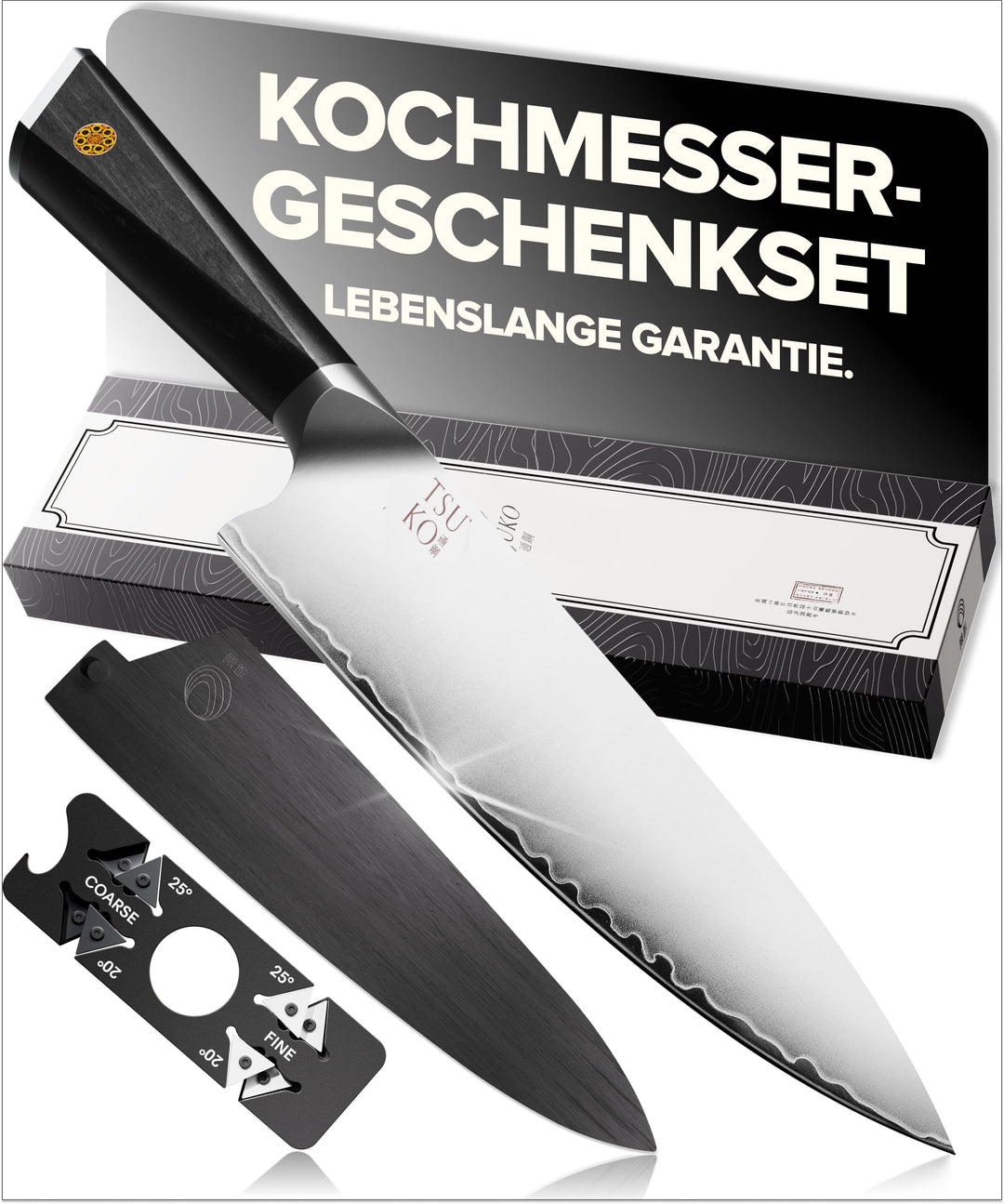 Tsuko Kochmesser, vierstufiger Schärfer & Holzscheide - 20,3 cm, professionelles japanisches Küchenm