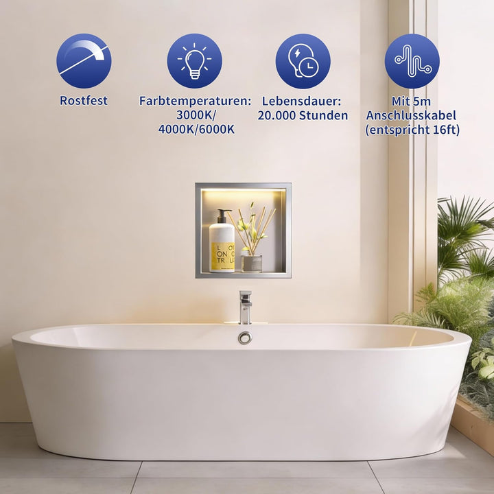 Wandnische Dusche Edelstahl mit LED,Duschnische mit Beleuchtung für Badezimmer Aufbewahrung,Einbau-N