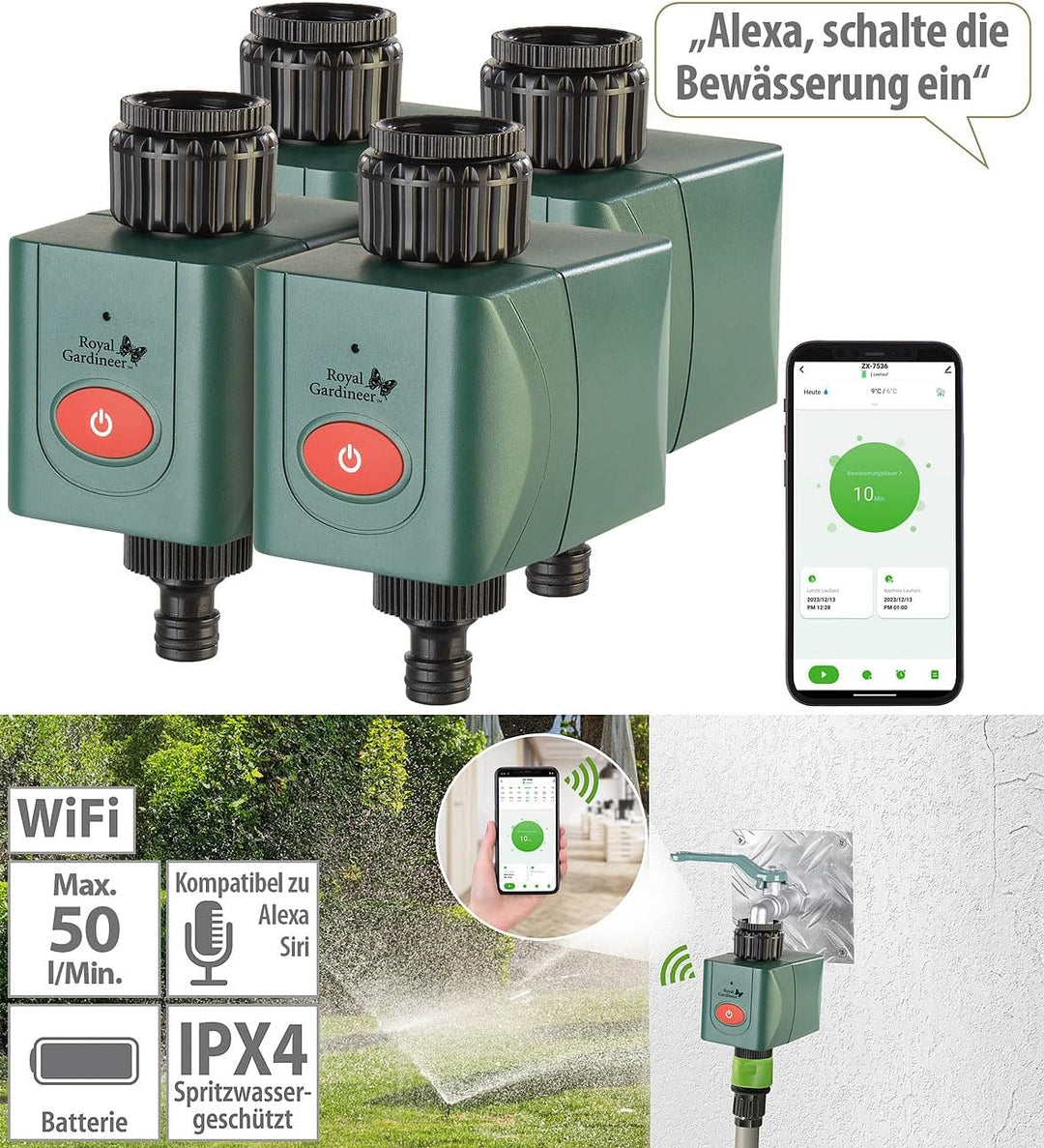 Royal Gardineer Elesion Bewässerung: 4er-Set WLAN-Bewässerungscomputer mit Ventil, App-Wetterdatenab