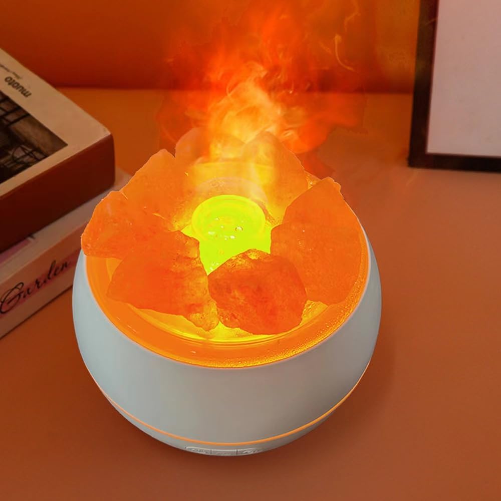 Salzsteinbefeuchter mit LED Umgebungslicht, Flammenlicht und Regenbogengradient USB Aromatherapie Ma