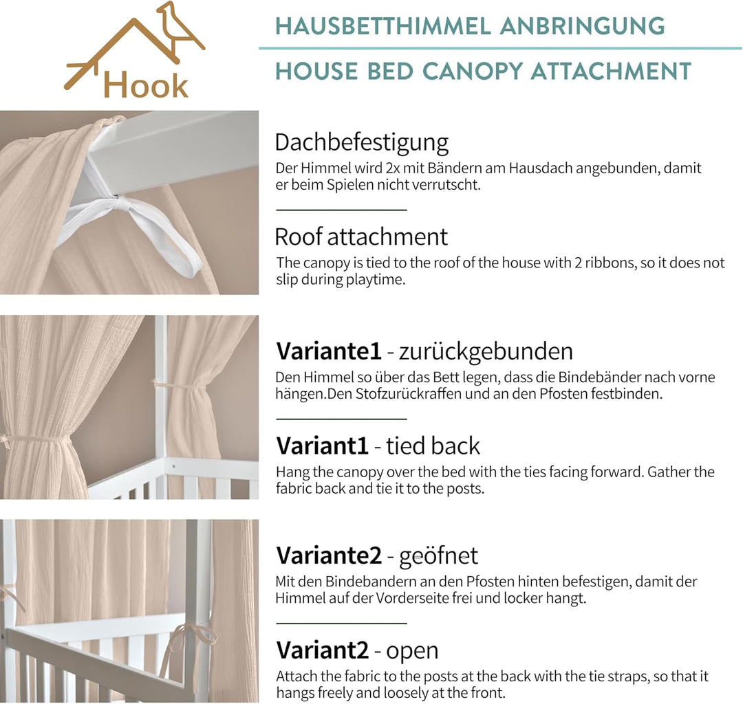 Hausbett Himmel Deko Set, Betthimmel Hausbett aus Musselin - 2 Betthimmel & 1 Wimpelkette, für Junge