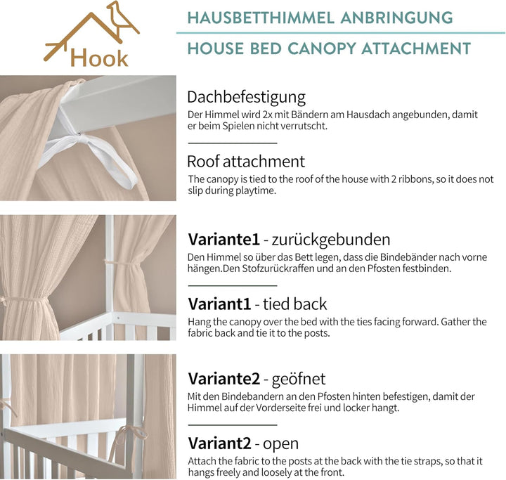 Hausbett Himmel Deko Set, Betthimmel Hausbett aus Musselin - 2 Betthimmel & 1 Wimpelkette, für Junge