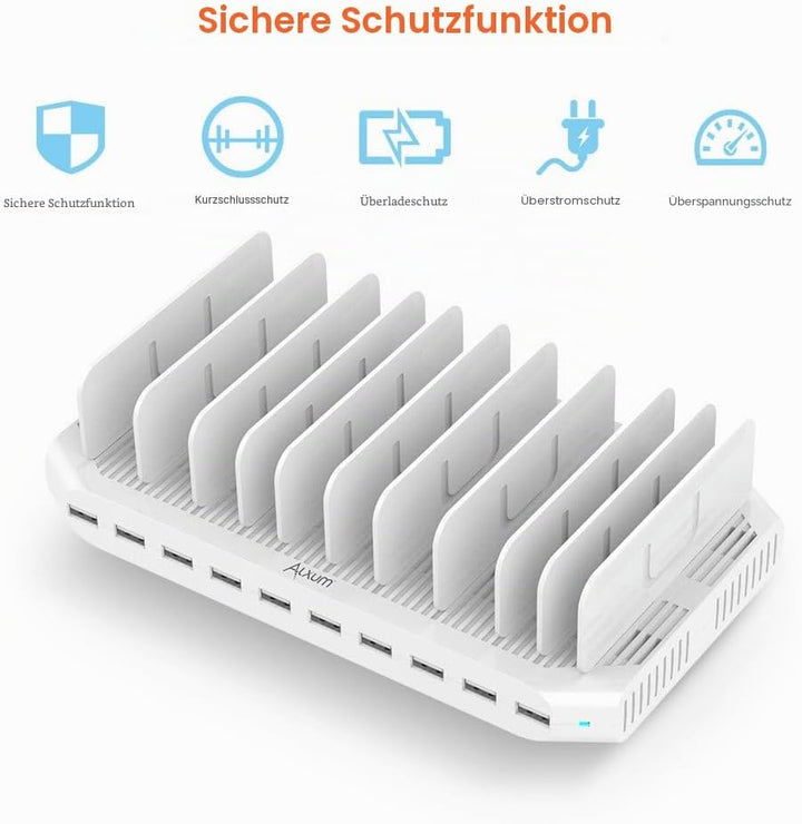 Alxum USB Ladestation für Multi-Geräte 96W, 10 Port Ladestation Mehrere Geräte Schnellladestation Or