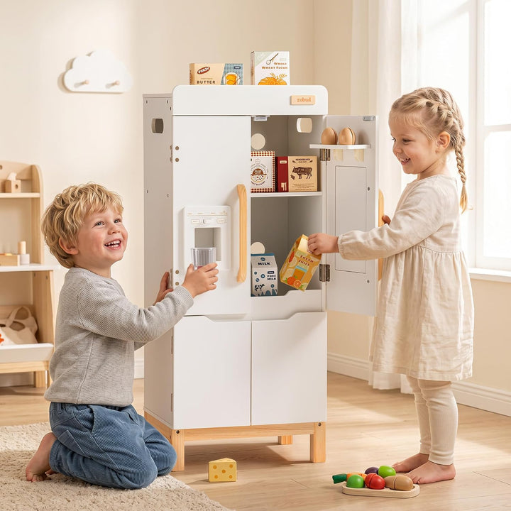 ROBUD Spielkühlschrank Holz für Kinder, Kinderküche Kühlschrank mit Getränkeautomat &amp; Aufbewahrung,