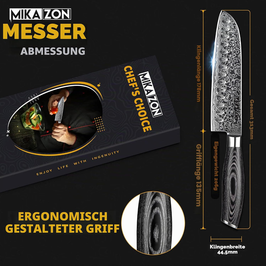Damast Santoku - Japanisches 17.8 cm Allzweck-Küchenmesser mit 67-lagiger Stahlkonstruktion und Pakk
