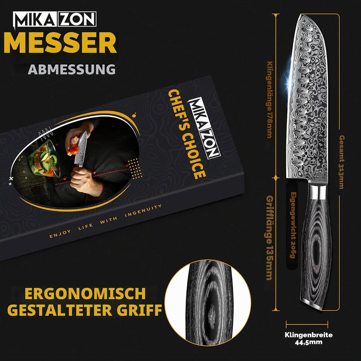 Damast Santoku - Japanisches 17.8 cm Allzweck-Küchenmesser mit 67-lagiger Stahlkonstruktion und Pakk