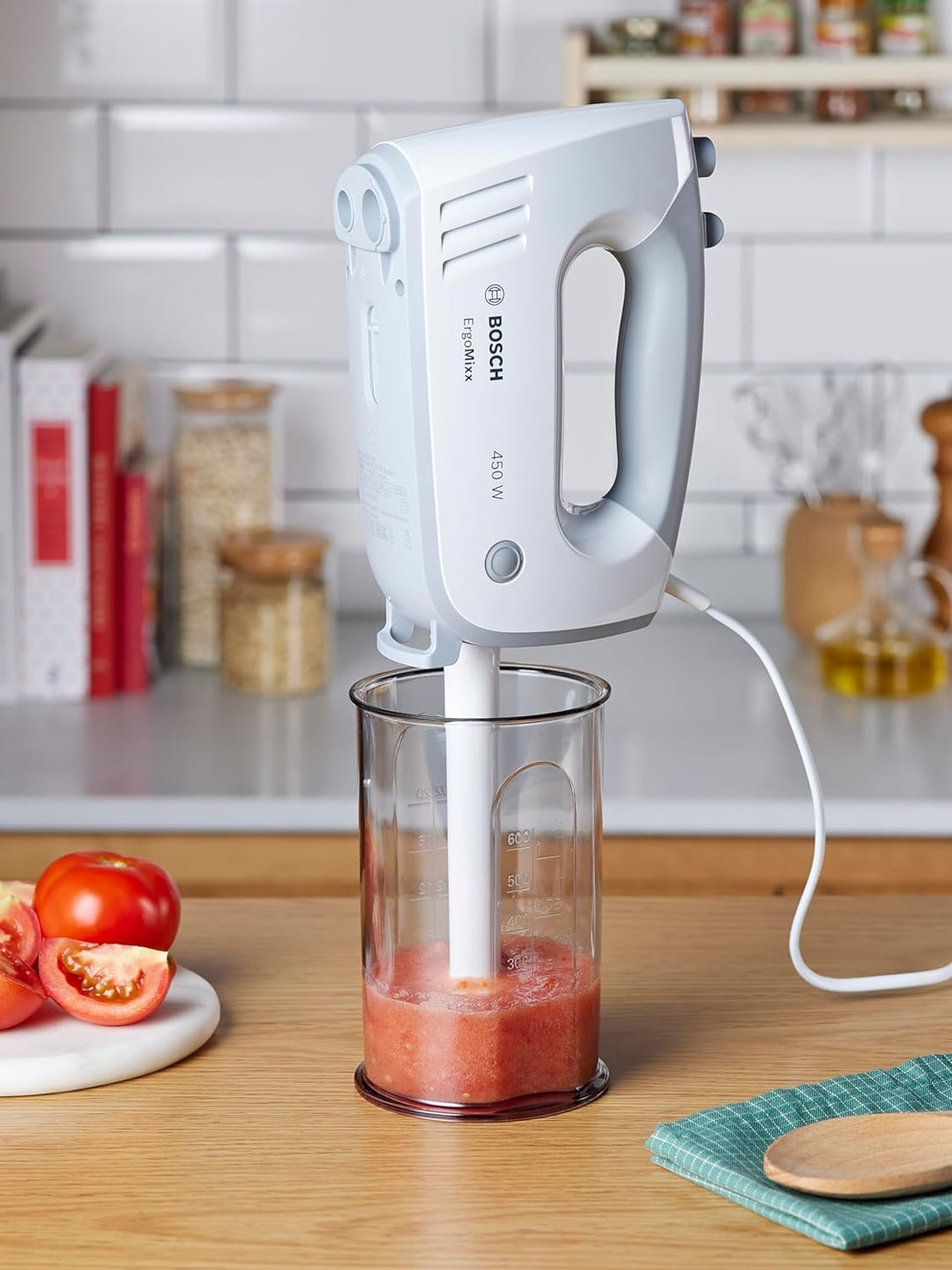 Bosch Hausgeräte Handrührer ErgoMixx MFQ36440, 2 Rührbesen, 2 Edelstahl-Knethaken, Pürierstab, Beche
