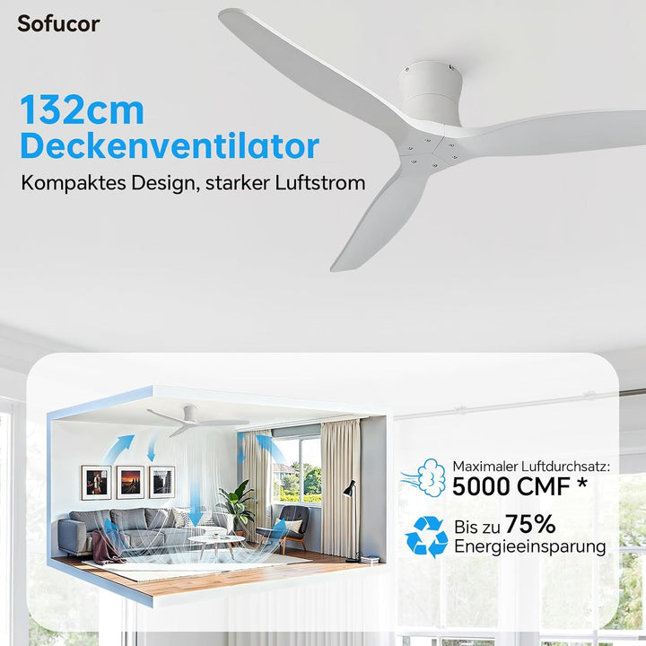 Sofucor 132cm Deckenventilator mit Fernbedienung, Massivholz Deckenventilator ohne Licht, Leise DC M
