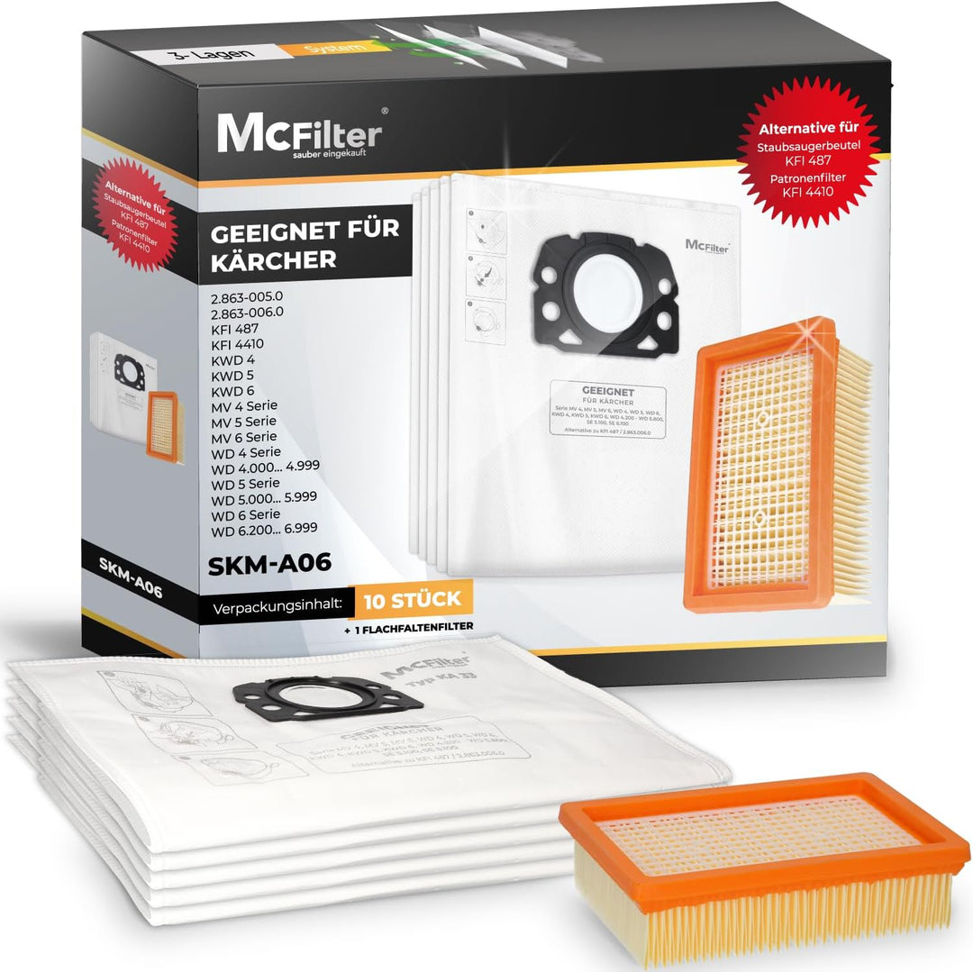 10 Staubsaugerbeutel geeignet für Kärcher WD4, WD5, WD6, MV4, MV5, MV6 Mehrzwecksauger + 1x Filter -