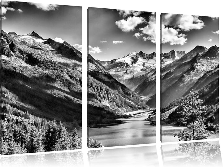 Pixxprint Monocrome, See an Bergen 3-Teiler Leinwandbild 120x80 Bild auf Leinwand