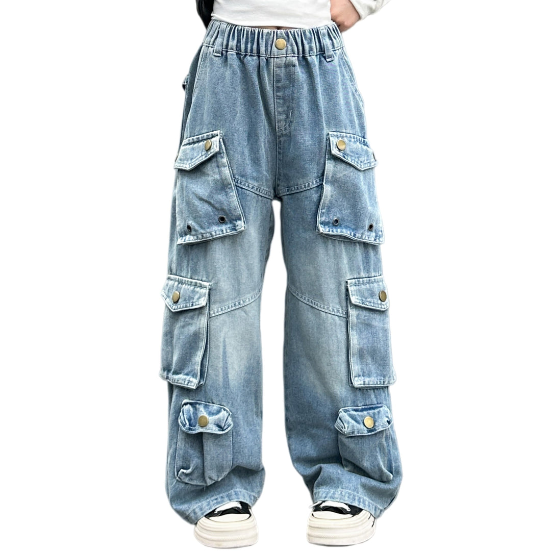 Rolanko Baggy Cargo Jeans für Mädchen, Elastische Hose mit Hoher Taille und Weitem Bein Y2K Jeanshos