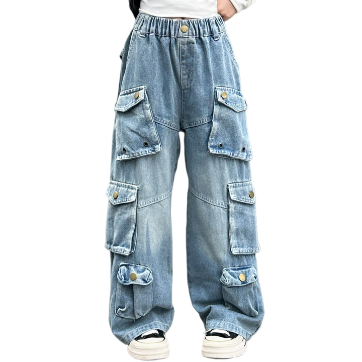 Rolanko Baggy Cargo Jeans für Mädchen, Elastische Hose mit Hoher Taille und Weitem Bein Y2K Jeanshos