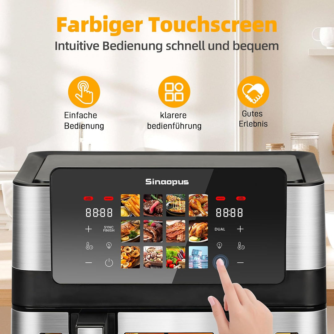 Heissluftfritteuse 2000W mit 2 Kammern XXL 8.5L, Airfryer mit Sichtfenster, LED Touchscreen, 60-200°
