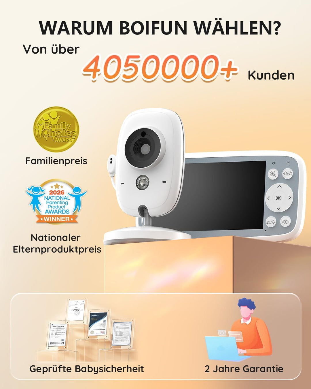BOIFUN Babyphone mit Kamera, VOX Nachtsicht Babyfon, Temperaturüberwachung, Gegensprechfunktion Vide