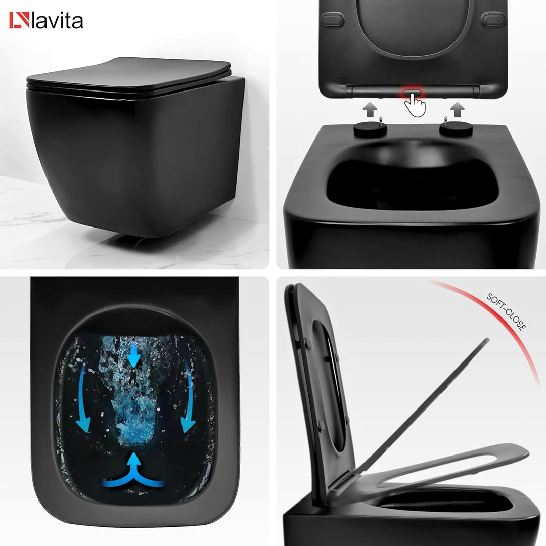 LAVITA Wand-WC Onil Black Hänge Toilette WC Sitz Toilettendeckel mit Absenkautomatik & Metallscharni