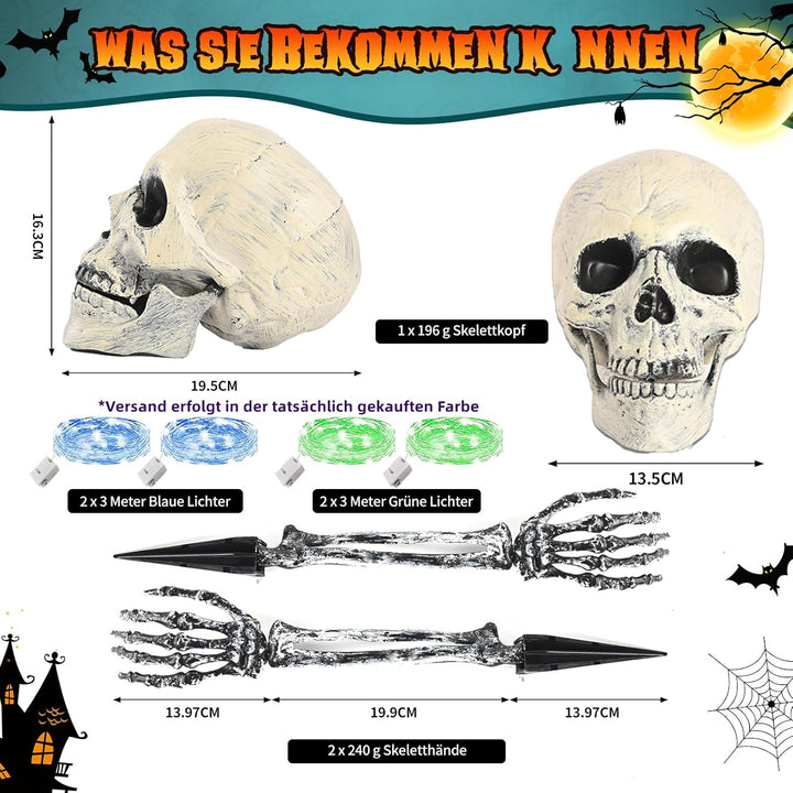 Maxee Halloween Leuchtende Skelett Totenkopf Set, 1 Totenkopf und 2 Schädel Hände mit 2 Grüne LED-Li